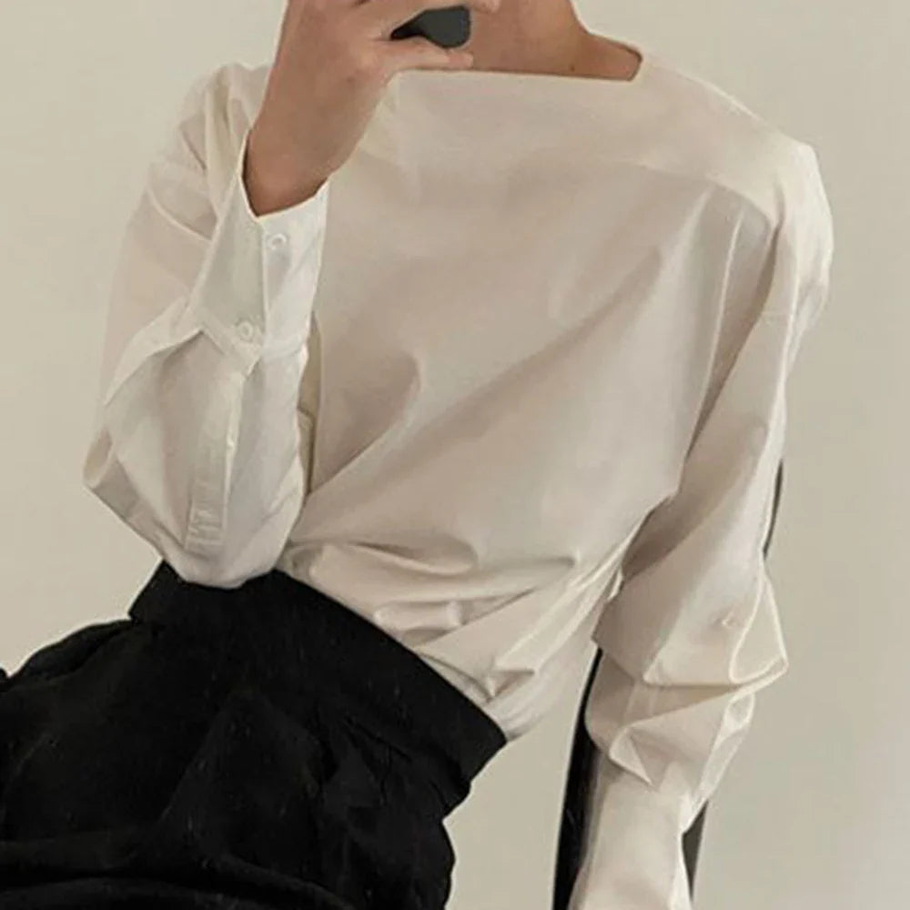 saferido Mens Advanced One-neck Tops 2024 Spring New Loose Design Sense Niche Long-sleeved Shirts Solid Color Temperament Neutral Clothes