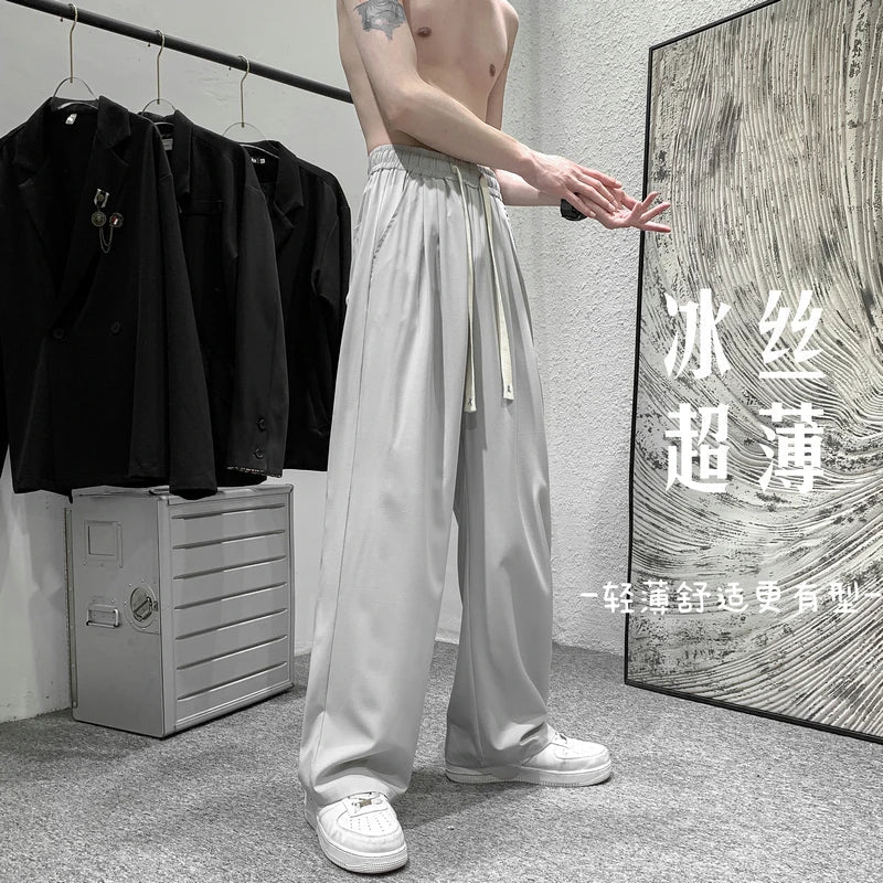 saferido Summer Thin Pants Men Fashion Gray Black Casual Ice Silk Pants Men Streetwear Korean Loose Straight Wide Leg Pants Mens Trousers