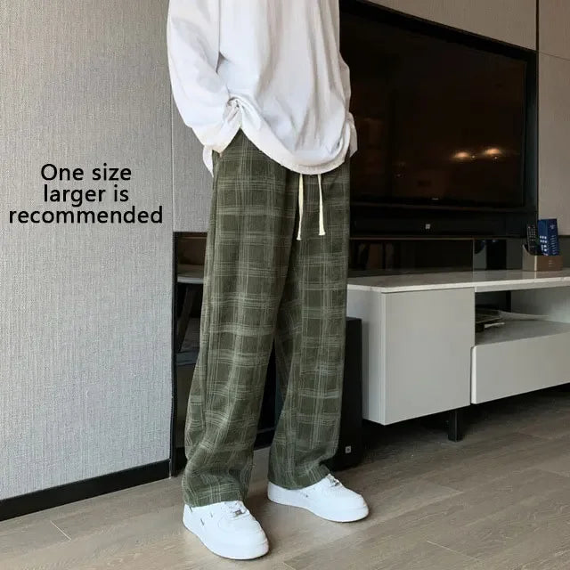 saferido Men Checkered Casual Pants Loose Straight Corduroy Pants Sweatpants Man Fashion Streetwear Spring New Hip Hop Trousers