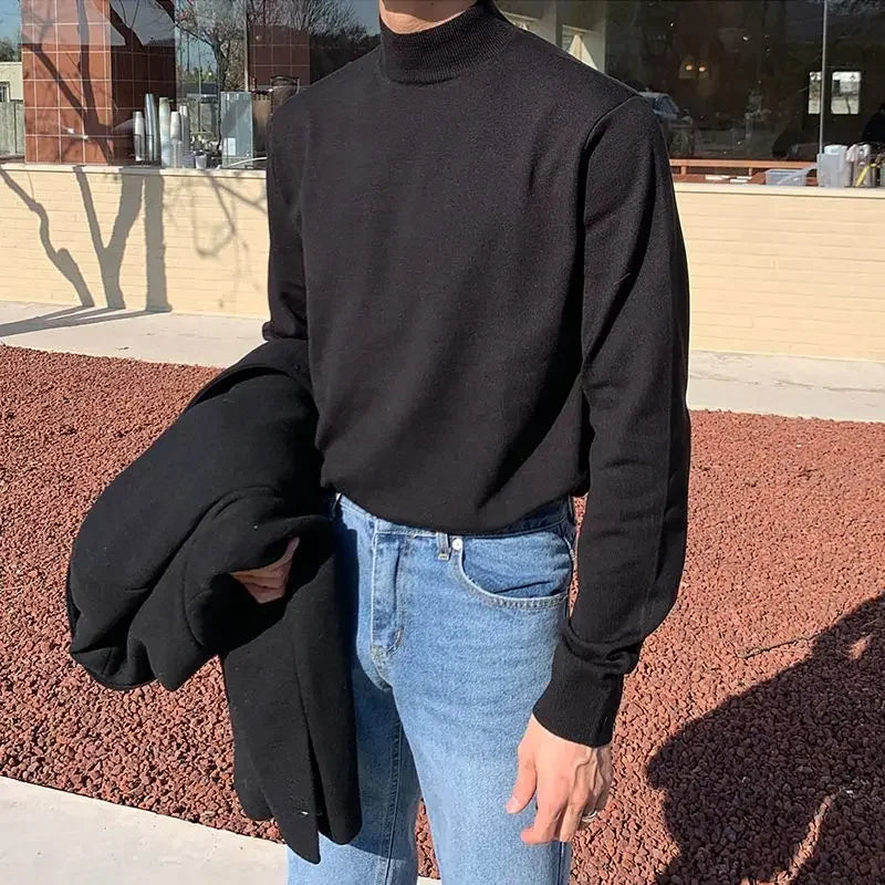 saferido Half Turtleneck Sweater Men Vintage Long-sleeved Korean Solid Knit Sweater Underwear Bottoming Shirt Casual Versatile Male