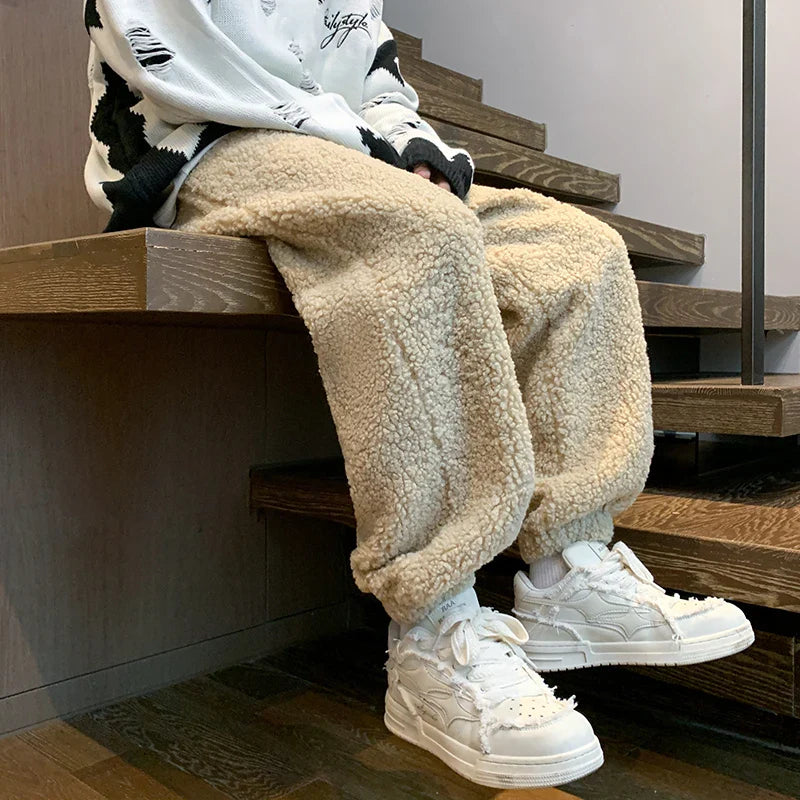 saferido Winter Thickened Pants Men Warm Fashion Retro Lamb Wool Pants Men Oversized Streetwear Loose Straight Pants Mens Thick Trousers