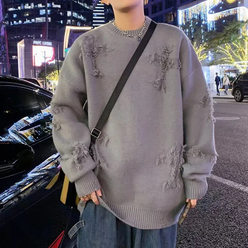 Solid Long Sleeve Hole Knitted Sweater Men Tassels O-neck Hooded Streetwear Man Autumn Winter Fashion New Men's Clothing