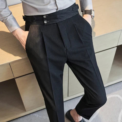 saferido Men Spring Summer Belt Decoration Casual Ankle Length Pants Fashion Slim Fit Suit Pants Streetwear Social Business Trousers
