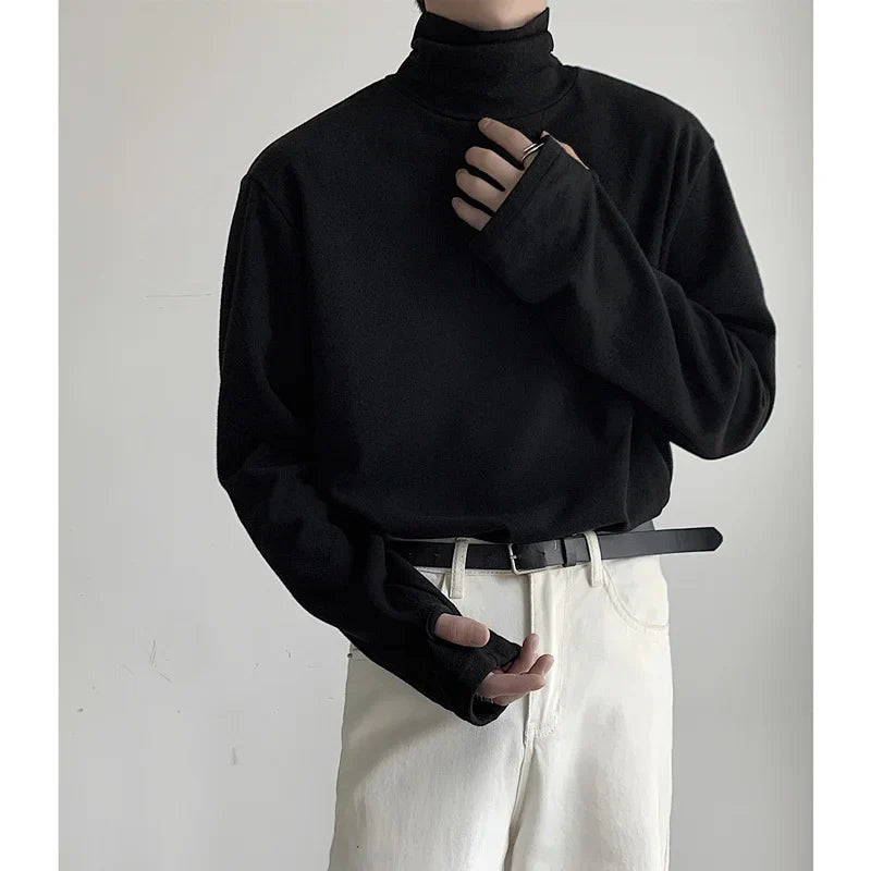 High Collar T Shirt Men Oversized Fashion Black White Casual Tshirt Men Korean Loose Long Sleeve T-shirt Mens Top M-2XL