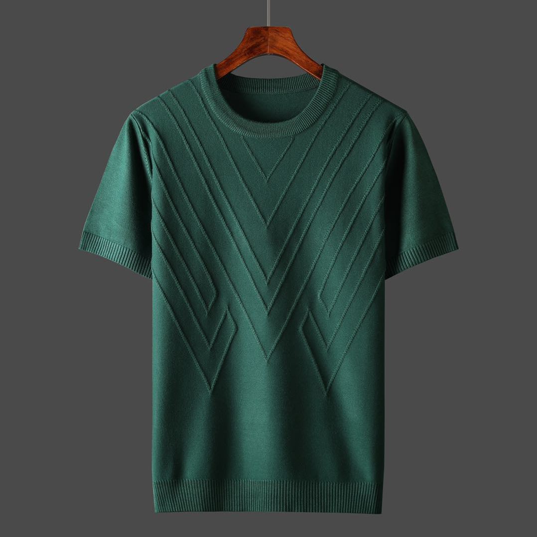 Summer Men T-shirt Knitted Short Sleeves Top Sweater Men's Solid Color O-neck Pullover Thick Slim Knitted Tees D215