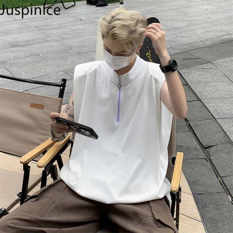 saferido American Cotton Half-zip Vest Couple Niche Shoulder Pads Loose Casual High Street Sleeveless T-shirts Men Tops Male Clothes
