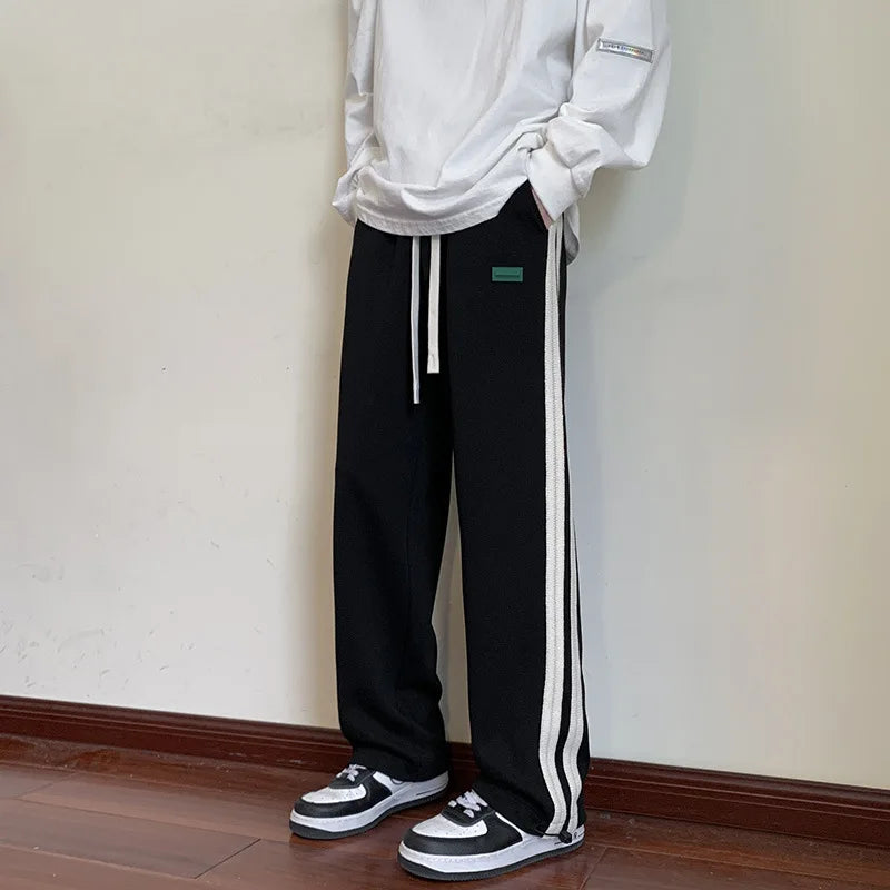 saferido Men's Striped Slit Pants Spring Autumn Straight Wide Leg Trousers High Street Loose Casual Trousers Fashion Men Clothing