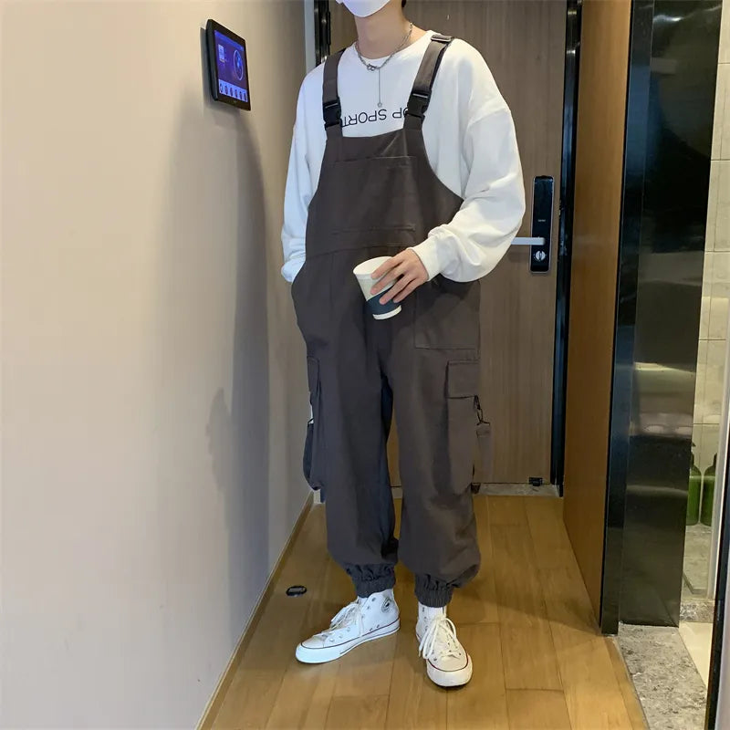 saferido Suspenders Jumpsuit Pants Men Summer Overalls Japanese Loose Straps Casual Pockets Unisex Oversize Streetwear Solid Man Clothing