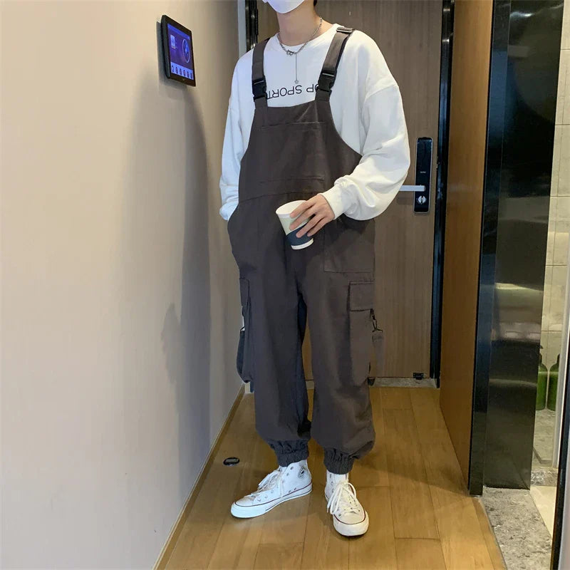 saferido Suspenders Jumpsuit Pants Men Summer Overalls Japanese Loose Straps Casual Pockets Unisex Oversize Streetwear Solid Man Clothing