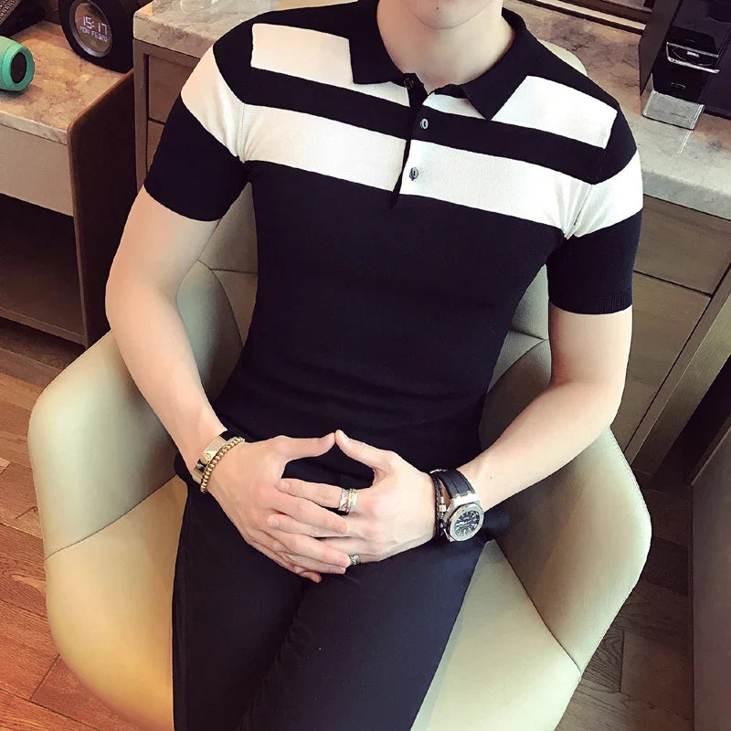 saferido Social Knitting Slim Polo British Style Stripes POLO Shirt Men Summer Short Sleeve Men's POLO Slim Fit Casual Polo Homme