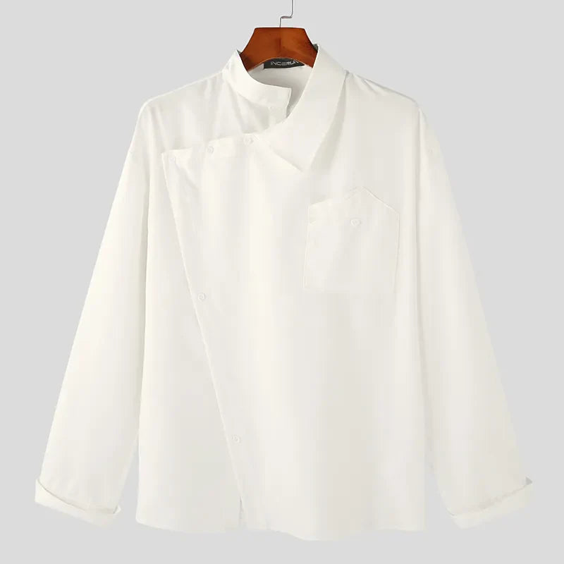 Tops Korean Style New Men's Diagonal Placket Solid Simple All-matcg Blouse Fashion Casual Long Sleeved Shirts S-5XL