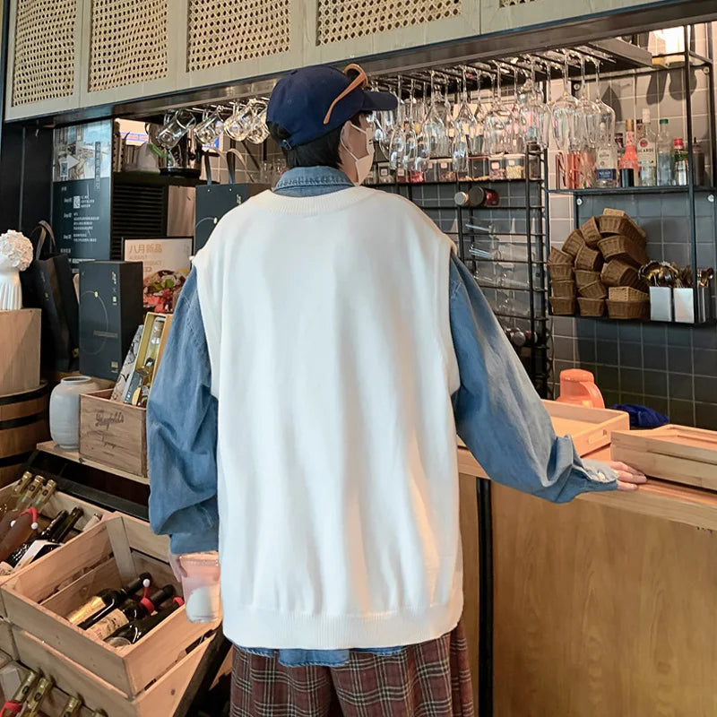 saferido Men Sleeveless Vest V-Neck Knitted Sweater Spring Autunm Solid Oversized Baggy Tops Ins Fashion Streetwear Vintage Y2K Clothes
