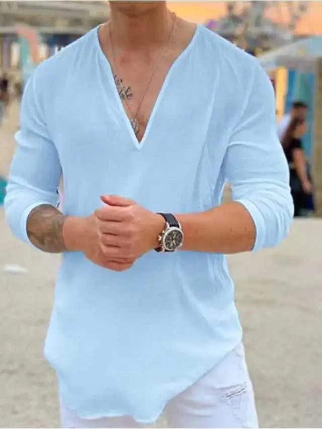 Spring Men's T-shirt V-neck Long Sleeve Sold Color Top Tee Fashion Casual Pullover T Shirt For Men Clothing New Streetwear