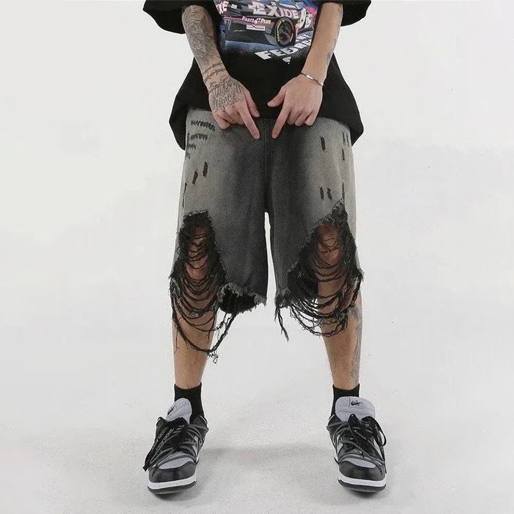 saferido High Street Loose Washed Old Ripped Shorts American Retro Shorts Summer Street Y2K Hip Hop Tassel Wide Leg Casual Denim Shorts