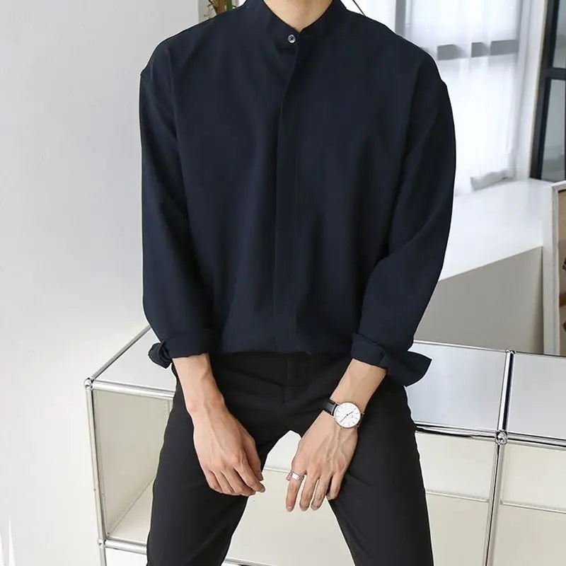 New Silk Senior Sexy Dark Blue Shirt for Men Solid Color Long Sleeve Stand-up Collar Loose Business Casual Iron-free Shirt