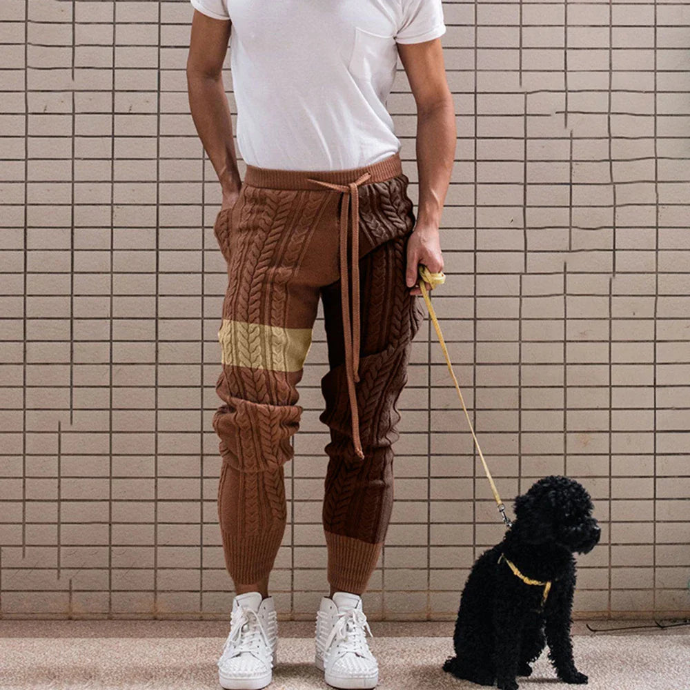 saferido Mens Color Block Casual Knitted Pants Autumn Winter Genderless Fashion Trend American Contrast Color Ribbed Cuff Trousers Unisex
