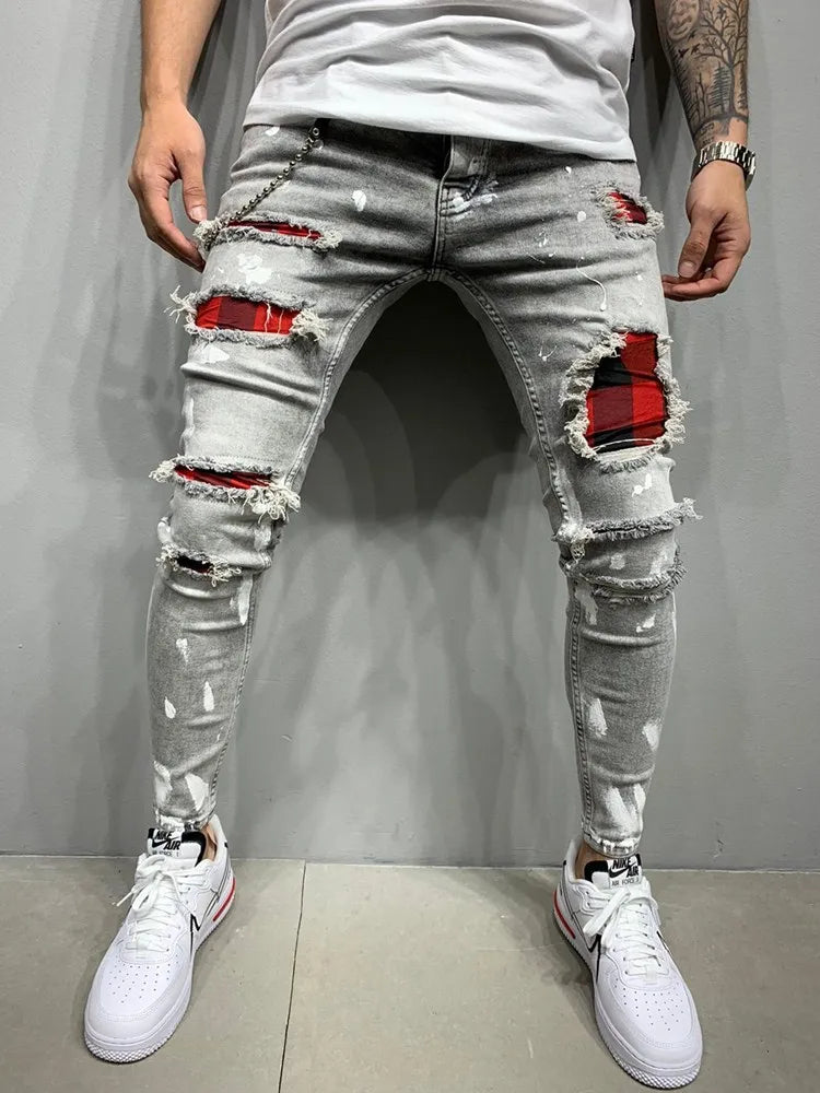 Men Flared baggy Jeans Bootcut Leg Pants Distressed Patchwork Jeans New Designer Punk Stlye Bell Bottom Denim Trousers