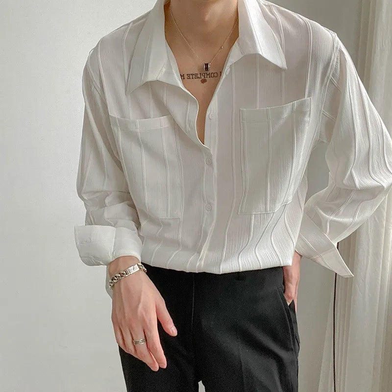 Men's Luxury Suit Collar Texture Shirt Vintage Casual Drapped Solid Color Button-down Long Sleeve Shirts for Men Spring Clothing