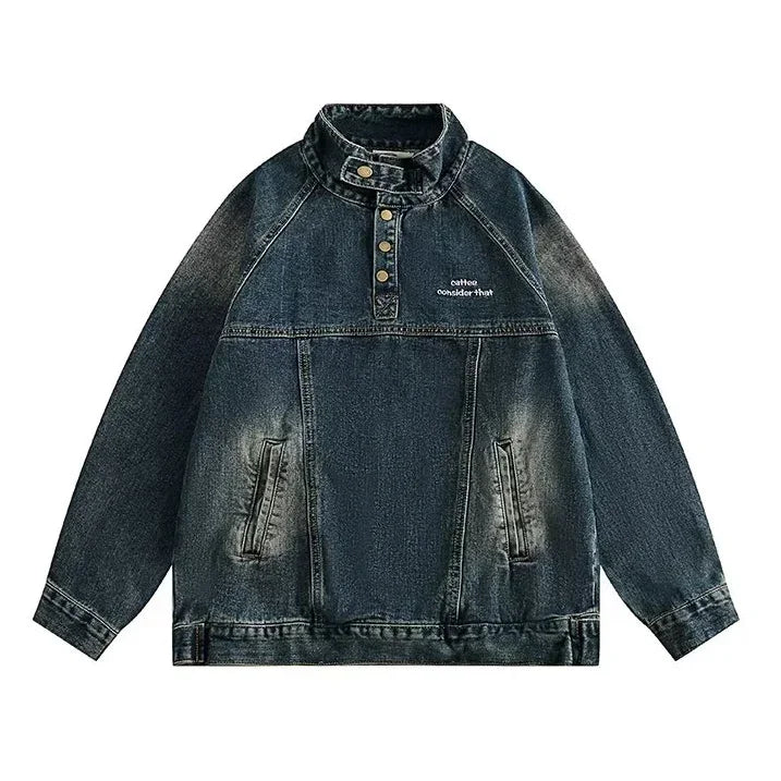 Japanese Denim Hooded Jacket Men Women Loose Casual Vintage Sweatshirt Coat High Street Washed Denim Pullover Varsity Autumn