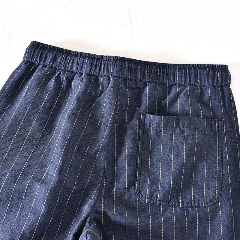 Cotton Linen Shorts for Men Fashion Striped White Loose Holiday Shorts Man Casual Plus Size Drawstring Short Pants
