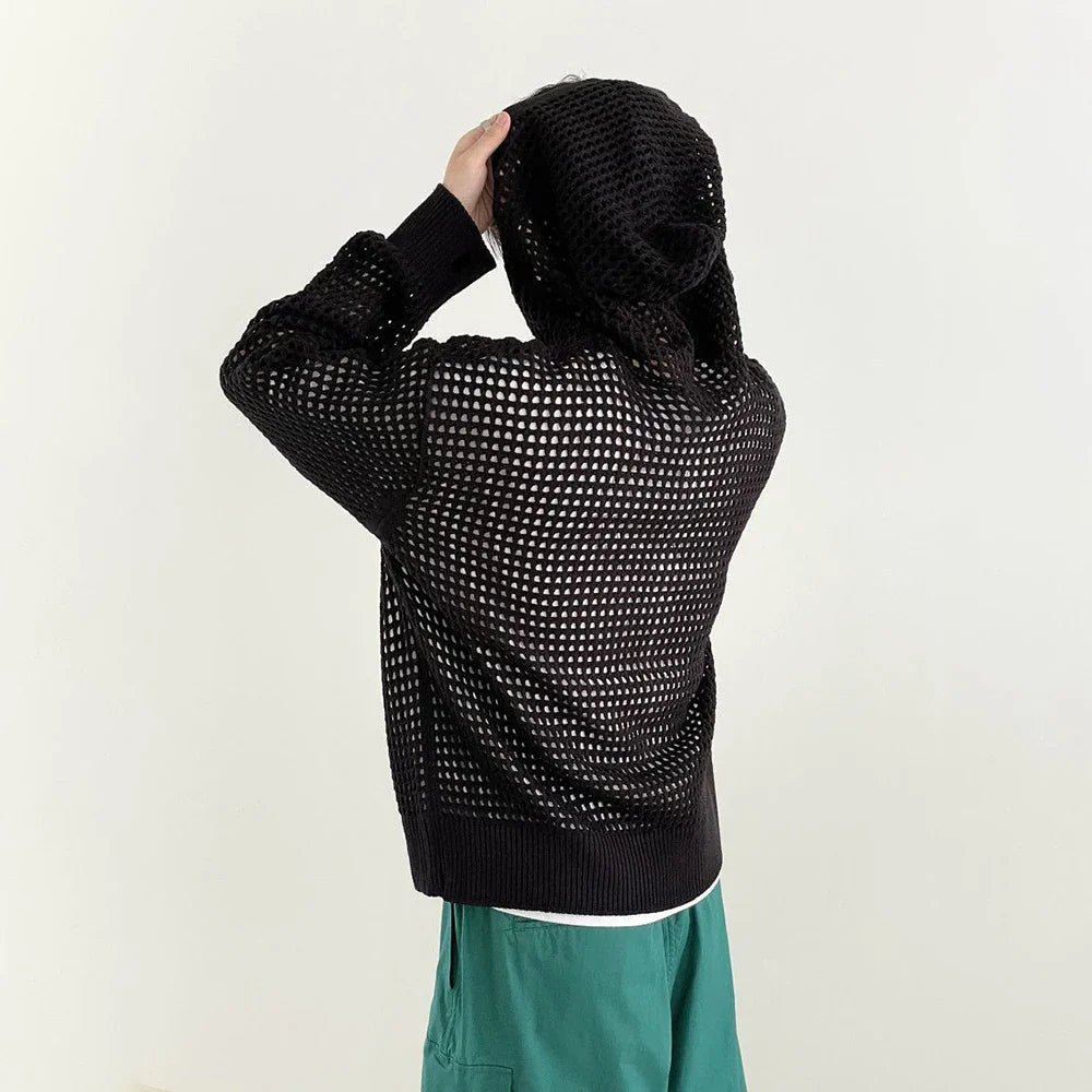 saferido Y2k Knitted Cardigan Men's Hollow Design Zipper Hoodie Outerwear Autumn Fashion Oversized Loose Sexy Long Sleeve Sweater Jacket