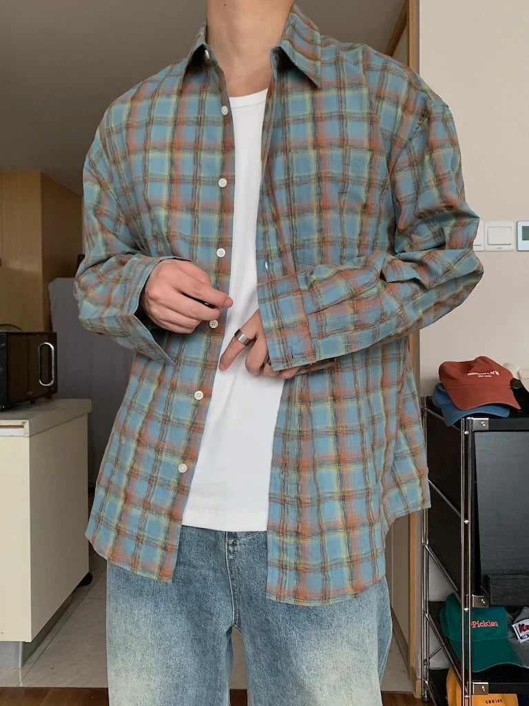 Casual Shirts Men Loose Long Sleeve Handsome Spring Autumn Daily Plaid Streetwear Fashion Korean Style Unisex Turn-down Collar