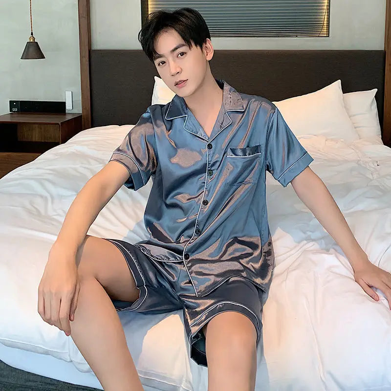 Men Pajama Sets Ice Silk Satin Short Sleeve Shirt+Shorts 2Pcs Suit Summer Thin Sleepwear Solid Color Male Casual Home Clothes