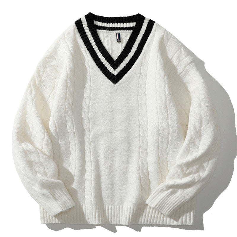 Mens Winter Knitted Sweaters Oversized Male Black Pullover V Neck Jumpers Men's Vintage Striped Knitwear Men Clothing