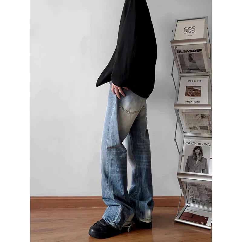 saferido Men's Korean Fashion Trend Streetwear Jeans High Street Blue/Black Denim Trousers Baggy Straight Casual Pants M-5XL
