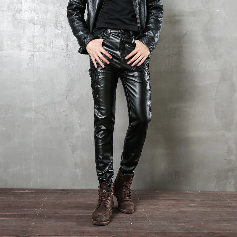 saferido 2024 PU leather men's black leather rope plus velvet leather pants punk style men's motorcycle pants slim fit personality simple