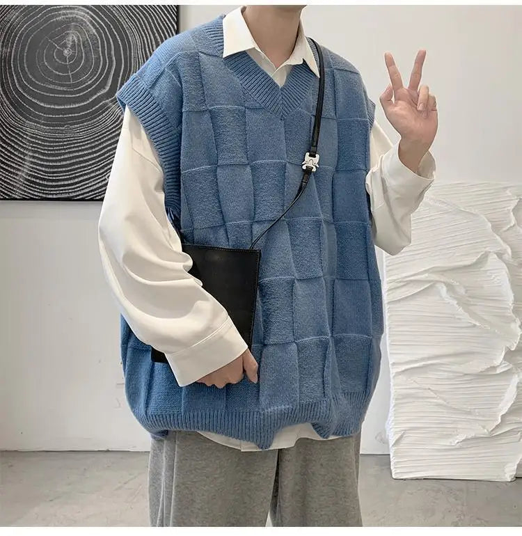 saferido Spring Autumn Fashion Solid Casual Pullover Tess Vest Men Loose Knitted Top Student Preppy Style Sweater Gentle Retro Patchwork