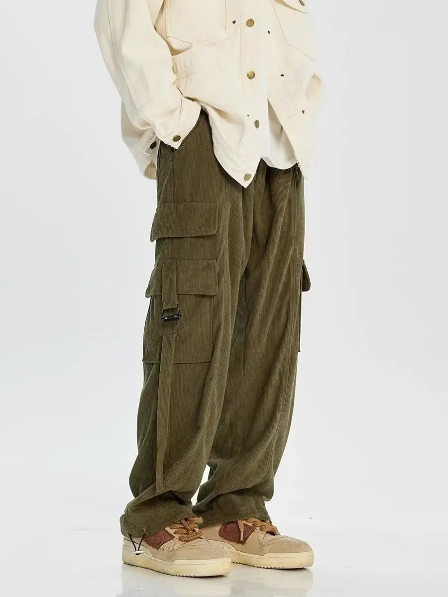 saferido Corduroy Cargo Pants Men Oversize Wide Leg Cargo Trousers Male Streetwear Hip Hop Harajuku Green Loose Japanese Vintage