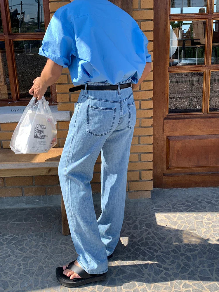 saferido Men's Straight Leg Denim Pants 2024 Summer New Korean Retro Fashion Loose Casual Male Mid-length Jeans Elastic Waist