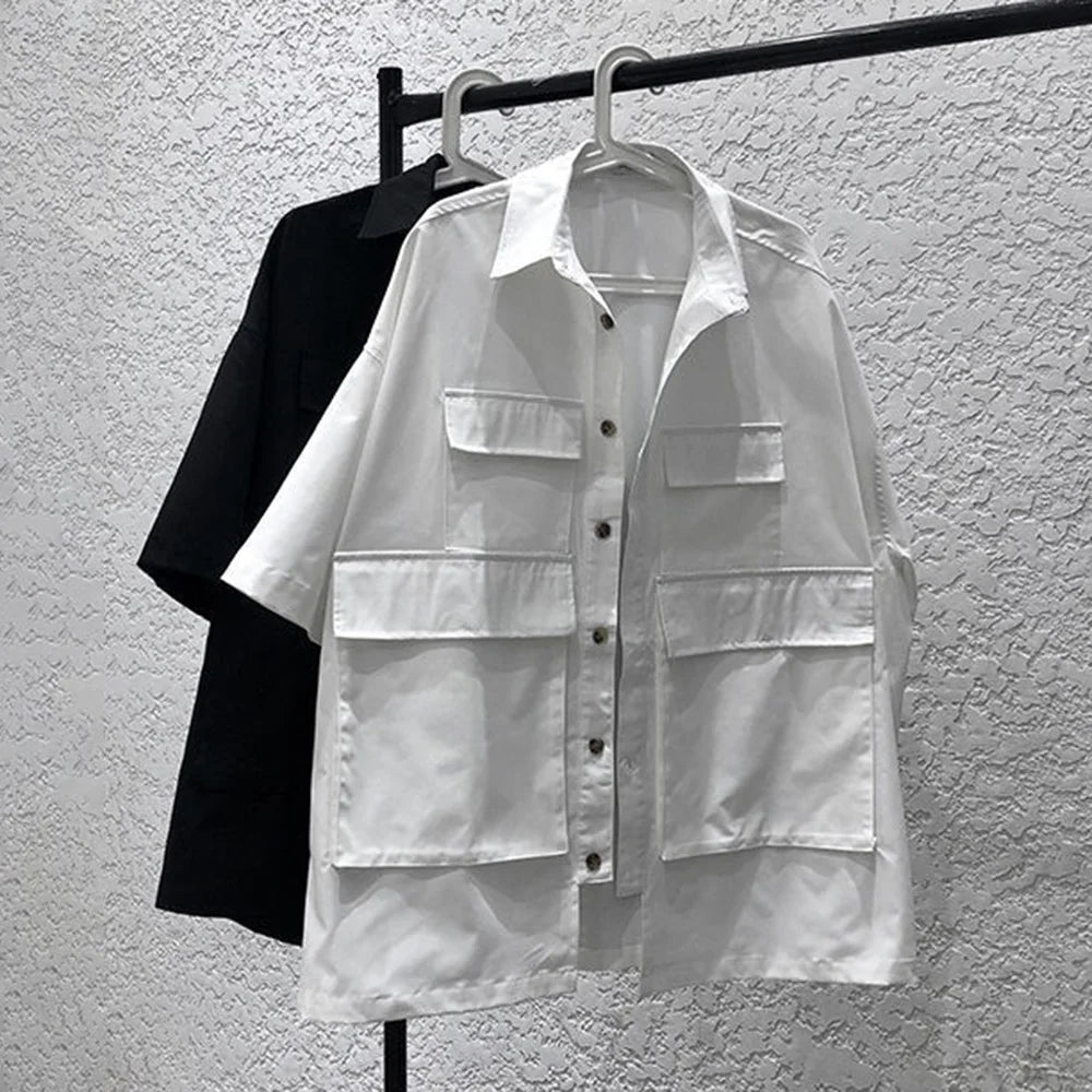 saferido Mens Big Pocket Workwear Short-Sleeve Shirt Streetwear Fashion Youth Trendy Solid Color Versatile Tops Men'S Clothing Spring New