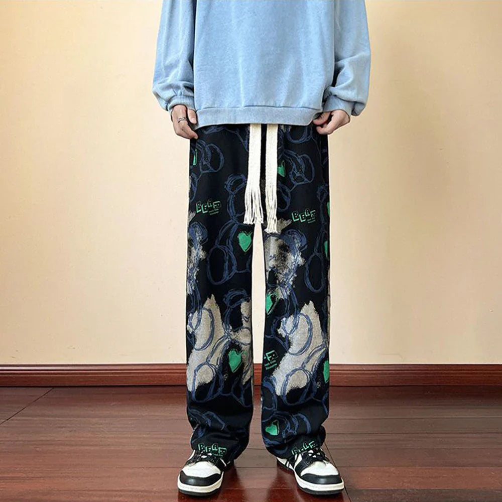 saferido American High Street Casual Pants Men's Tie-dye Bear Graffiti Casual Loose Wide-leg Pants Trendy Brand Niche Mopping Trousers