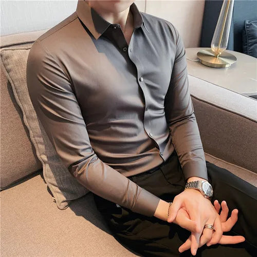 saferido British Style Men High-Grade Long-Sleeve Shirts/Male Slim Fit Business Casual Lapel Shirt Dress Shirt Tops Plus Size S-4XL