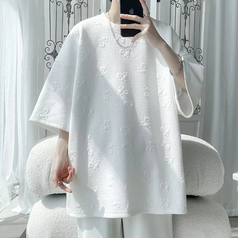 saferido Fashion Short Sleeve T-shirts Men Jacquard Korean Couples Youthful All-match Y2k Tops Harajuku Streetwear Unisex Mens Clothing
