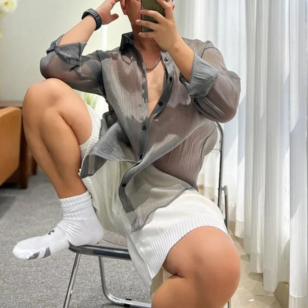 saferido Trendy Fashion Shirt Men's See-through Solid All-match Blouse Spring Summer New Sexy Mesh Long-sleeved Shirts LGBT Streetwear