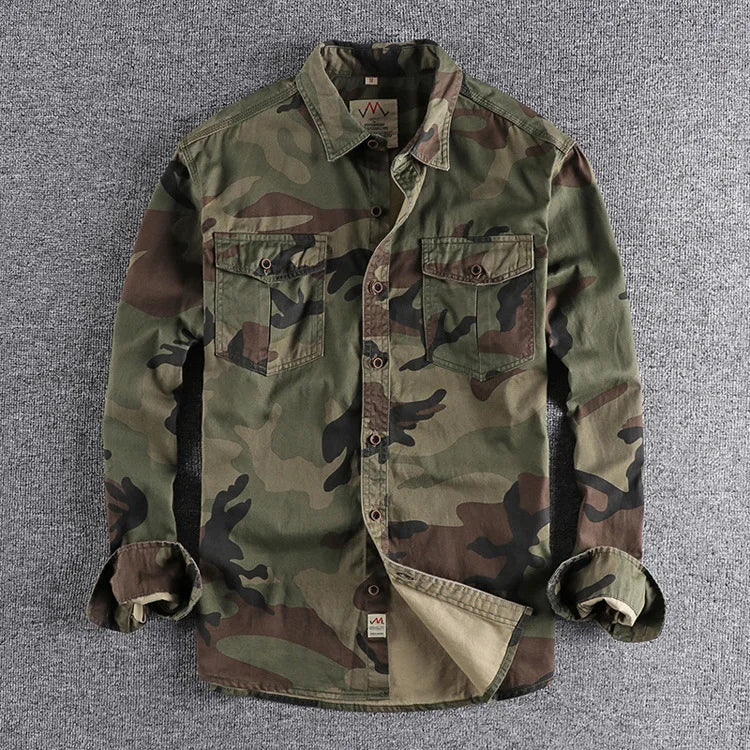 Spring Autumn New Men's Wash Camouflage American Tooling Long-Sleeved Shirt Double Pocket Everything Casual Military Youth