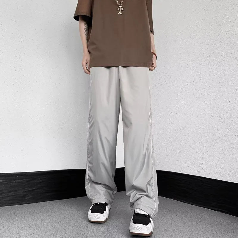 saferido KPOP Fashion Style Harajuku Slim Fit Sweat Pants Loose All Match Casual Pants Stripe Pockets Straight Cylinder Wide Leg Pants