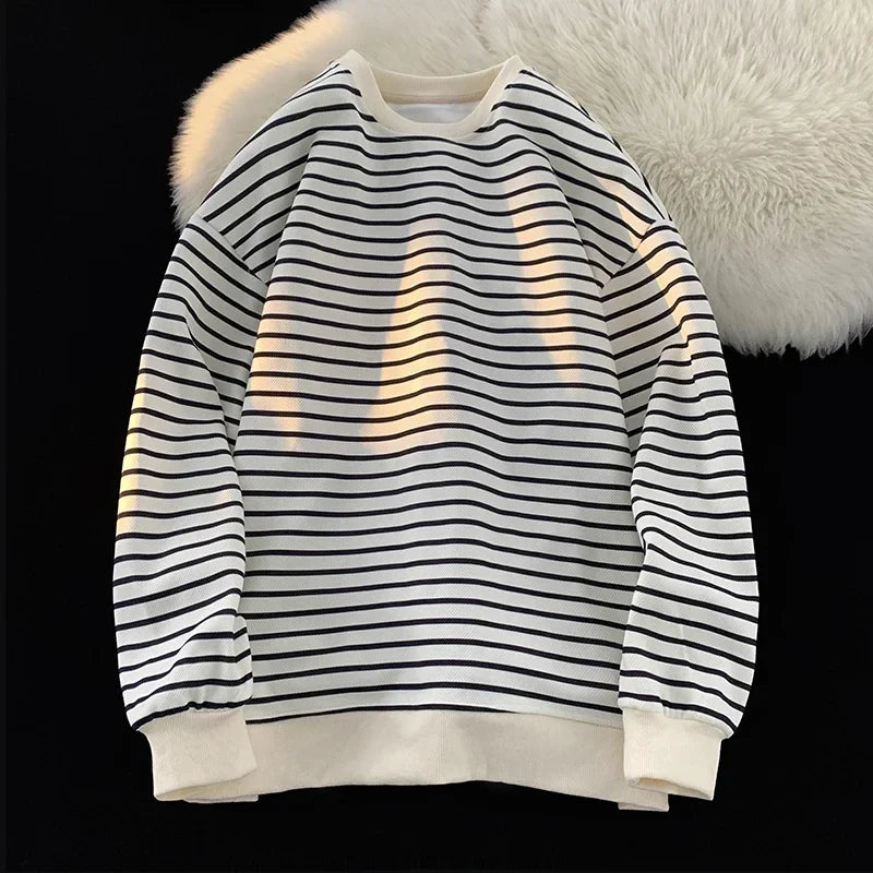 saferido Men's Tri-color Striped Sweatshirt American Classic Style Retro Casual Round Neck Top Unisex College Style Trendy Menswear