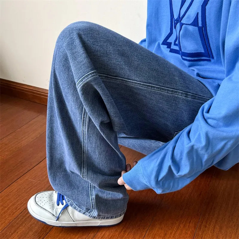 Men's Trendy Brand Loose Straight Leg Denim Pants Hip Hop Solid Color Casual Trousers Harajuku Male Bottoms