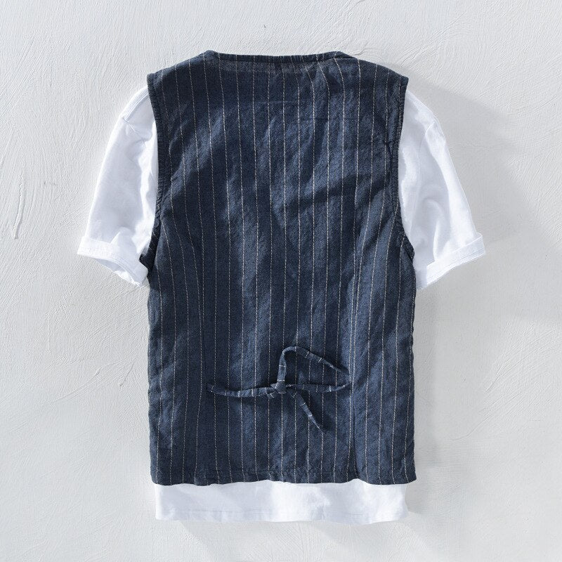 Men Vintage Vest Slim Linen Cotton Blazer Vest Male Casual Thin Striped Suit Waistcoat Clothing Asian Size M-3XL