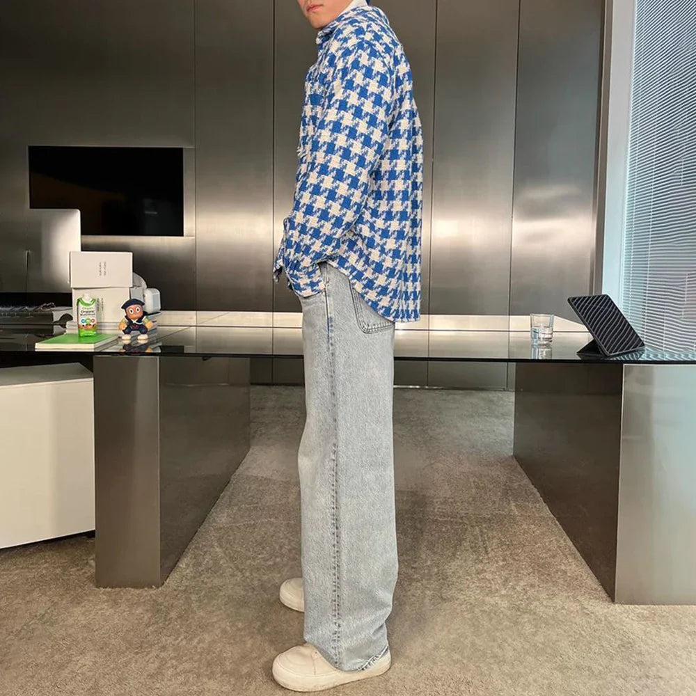 saferido Spring New Simple Versatile Fashionable Blue Houndstooth Woolen Shirt Style Genderless Casual Unisex Long-Sleeved Shirt