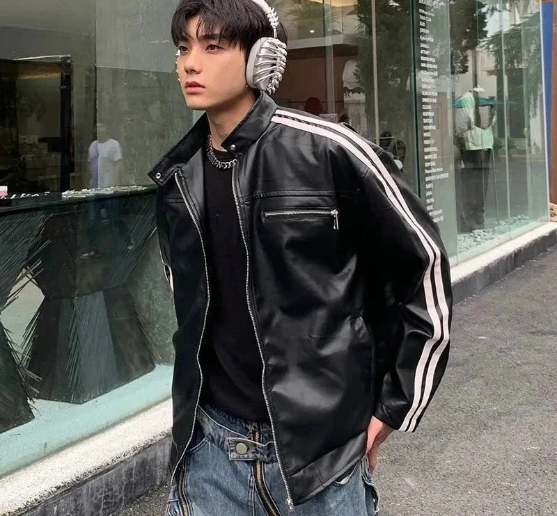 Retro Leather Jacket Men Women American Patchwork Strip Racing Outerwear Loose Hip Hop Zippers Brown PU Coat Streetwear Spring