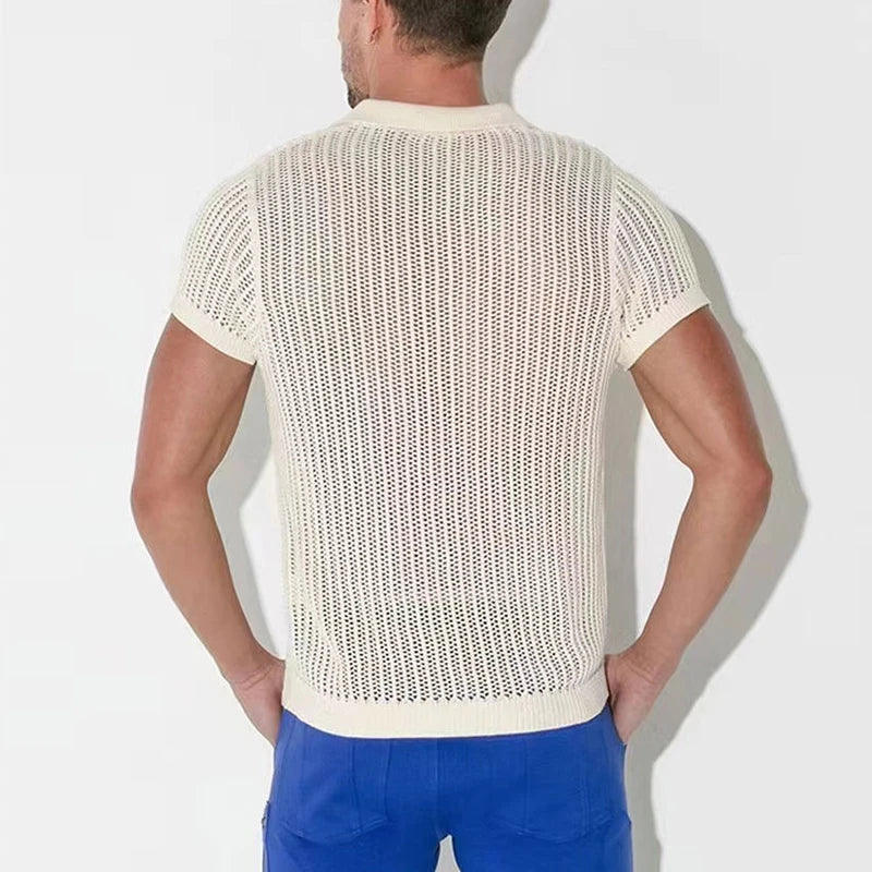 Spring Summer Mens Sexy Tops See Through Hollow Out Knitted Mesh Shirt Fashion Loose Breathable Knit Polo Shirts Men Streetwear