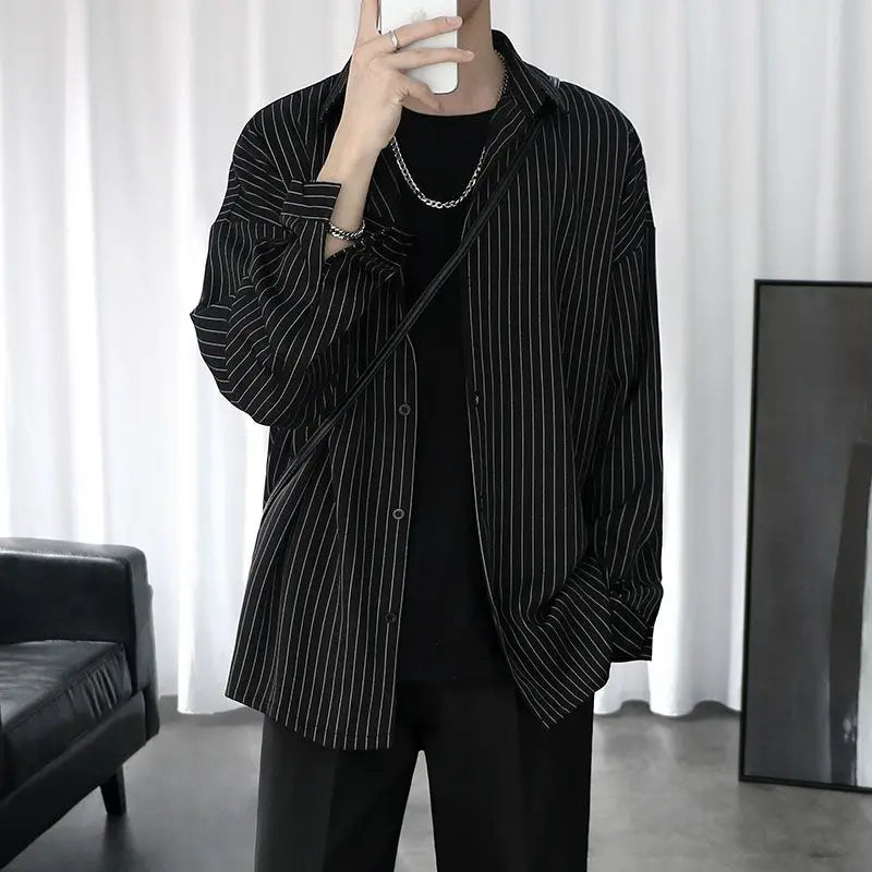 New Spring and Autumn Fashion Hong Kong Style Polo Neck Stripe Casual Loose Fashion Versatile Long Sleeve Men's Thin Shirt