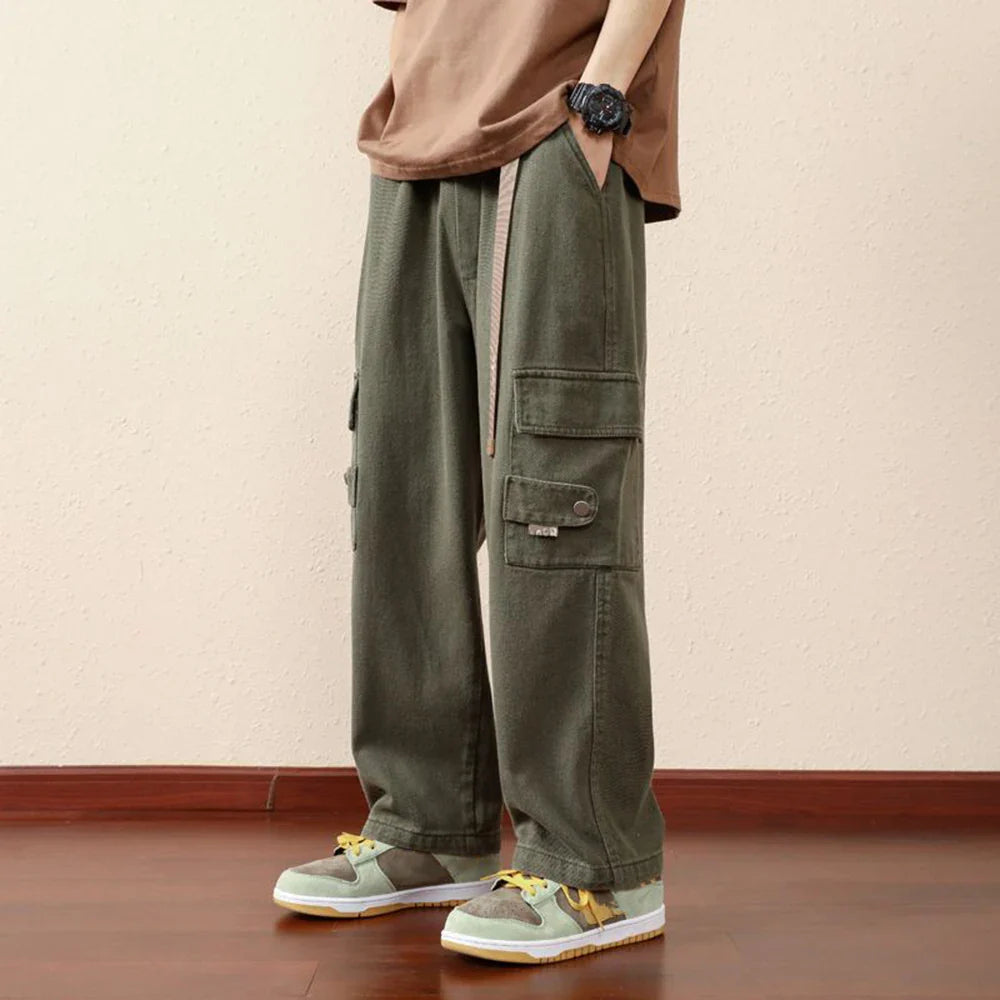 saferido Mens Casual Cargo Pants Hip-Hop Solid Color High Street Retro Loose Japanese Straight Pants Spring and Autumn New Style
