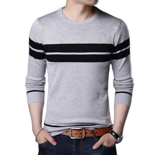 Autumn Men's Knitted Sweater T Shirt Comfy O Neck Long Sleeve Pullover Stripe Patchwork Jumper Casual Bottoming Shirt for Winter