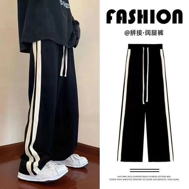 saferido Sports Pants for Men in Spring Summer New Striped Patchwork Loose Drawstring All-match Straight Pants Trend Casual Men Clothing